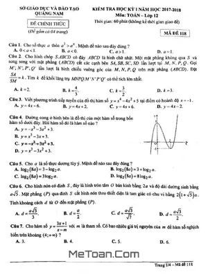 Đề thi HK1 Toán 12 năm học 2017 - 2018 Sở GD&ĐT Quảng Nam
