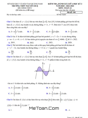 Đề Thi Giữa Học Kỳ 2 Môn Toán Lớp 12 Năm 2022-2023 Trường THPT Nguyễn Huệ - Quảng Nam