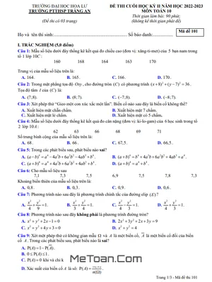Đề thi cuối kỳ 2 Toán 10 năm 2022 – 2023 trường PTTHSP Tràng An – Ninh Bình