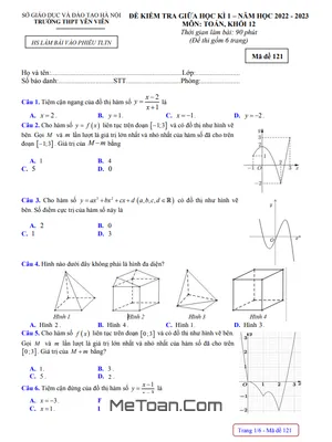 Đề giữa học kì 1 Toán 12 năm 2022 – 2023 trường THPT Yên Viên – Hà Nội