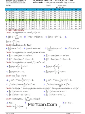 Đề thi học kỳ 2 Toán 12 năm 2017-2018 trường THPT An Phước - Ninh Thuận (có đáp án)