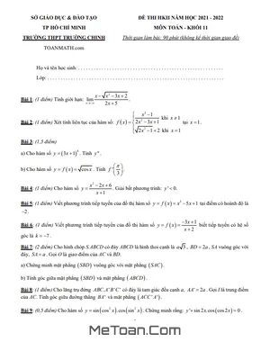 Đề thi học kỳ 2 Toán 11 năm 2021 - 2022 trường THPT Trường Chinh - TP HCM