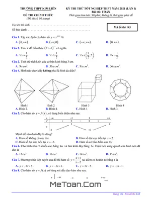 Đề thi thử Toán tốt nghiệp THPT 2021 lần 1 trường THPT Kim Liên – Hà Nội