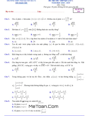 Đề thi thử THPTQG môn Toán lần 1 năm 2019 trường THPT Ngô Quyền – Hà Nội