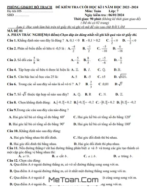 Đề thi cuối kì 1 Toán 7 năm 2023 - 2024 phòng GD&ĐT Bố Trạch - Quảng Bình