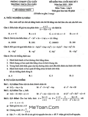 Đề Thi Học Kỳ 1 Toán 8 Năm 2023 - 2024 Trường THCS Cầu Giấy - Hà Nội