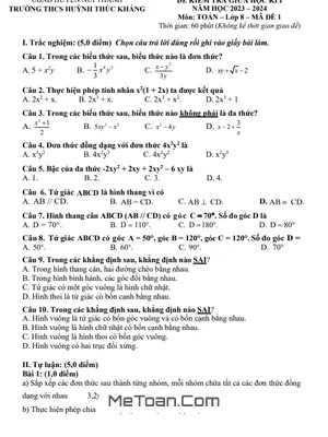 Đề Thi Giữa Kỳ 1 Toán 8 Năm 2023 - 2024 Trường THCS Huỳnh Thúc Kháng - Quảng Nam