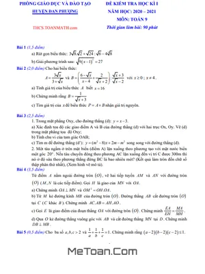 Đề thi học kì 1 Toán lớp 9 năm 2020 - 2021 phòng GD&ĐT Đan Phượng - Hà Nội