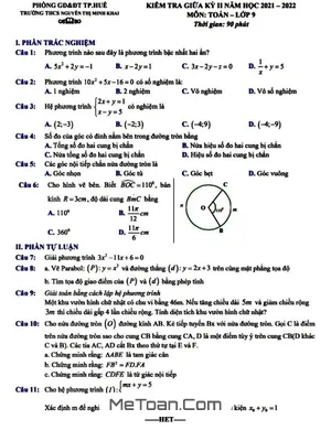 Đề kiểm tra giữa kỳ 2 Toán 9 năm 2021 - 2022 trường THCS Nguyễn Thị Minh Khai - TT Huế