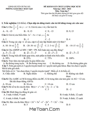 Đề thi học kì 2 Toán lớp 7 năm 2023 - 2024 phòng GD&ĐT Hưng Hà - Thái Bình