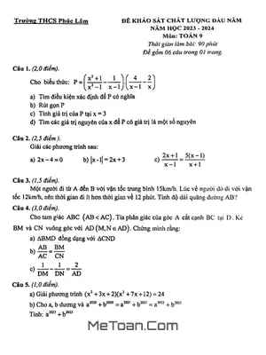 Đề khảo sát Toán 9 đầu năm 2023 - 2024 trường THCS Phúc Lâm - Hà Nội