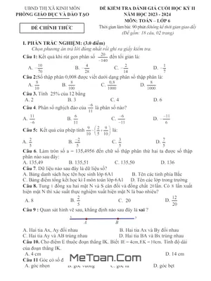 Đề Thi Học Kỳ 2 Toán Lớp 6 Năm 2023 - 2024 Phòng GD&ĐT Kinh Môn - Hải Dương