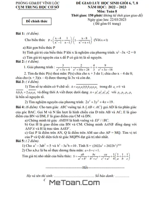 Đề Giao Lưu HSG Toán 8 Năm 2022 - 2023 Phòng GD&ĐT Vĩnh Lộc - Thanh Hóa