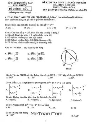 Đề thi học kì 2 Toán lớp 9 năm 2020 - 2021 Sở GD&ĐT Bình Phước