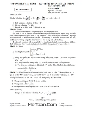 Đề thi thử Toán vào lớp 10 năm 2024 - 2025 trường THCS Thái Thịnh - Hà Nội
