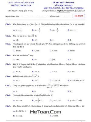 Bộ Đề Thi Thử Vào Lớp 10 Môn Toán 2022-2023 Trường THCS Vệ An - Bắc Ninh (Có Đáp Án)