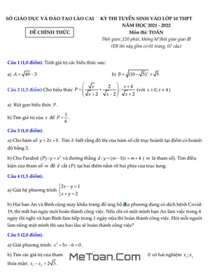 Đề thi tuyển sinh lớp 10 môn Toán năm 2021 - 2022 Sở GD&ĐT Lào Cai
