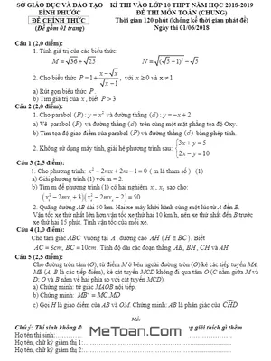 Đề Thi Tuyển Sinh Lớp 10 Môn Toán Sở GD&ĐT Bình Phước Năm 2018 - 2019 (Đề Chung)
