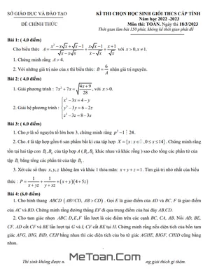 Đề thi HSG Toán 9 cấp tỉnh Bình Dương năm học 2022 - 2023