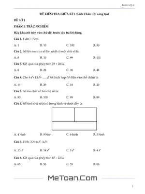 Bộ 5 Đề Ôn Luyện Thi Giữa Kỳ 1 Môn Toán Lớp 2 (Chân Trời Sáng Tạo)