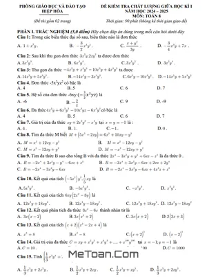 Đề thi giữa kì 1 Toán 8 năm 2024 - 2025 phòng GD&ĐT Hiệp Hòa - Bắc Giang