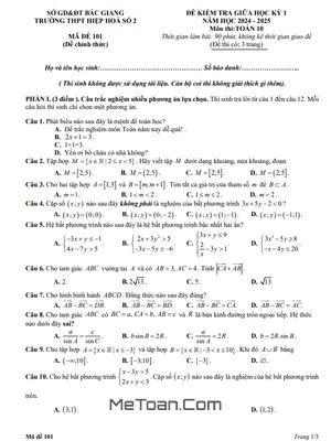 Đề giữa học kỳ 1 Toán 10 năm 2024 - 2025 trường THPT Hiệp Hòa 2 - Bắc Giang