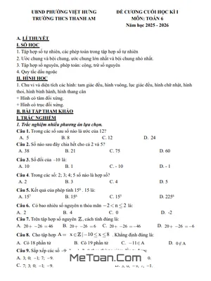 Đề cương cuối học kì 1 Toán 6 năm học 2025 – 2026 trường THCS Thanh Am – Hà Nội