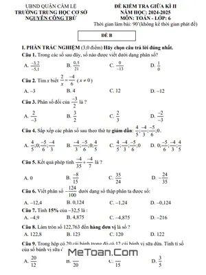 Đề giữa kì 2 Toán 6 năm 2024 – 2025 trường THCS Nguyễn Công Trứ – Đà Nẵng
