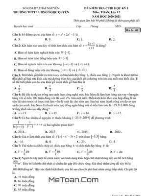 Đề thi HK1 Toán 12 năm 2020 – 2021 trường Lương Ngọc Quyến – Thái Nguyên