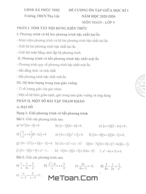 Tổng Hợp Đề Cương Ôn Tập Giữa Kì 1 Toán 9 Năm 2025 - 2026 THCS Thọ Lộc