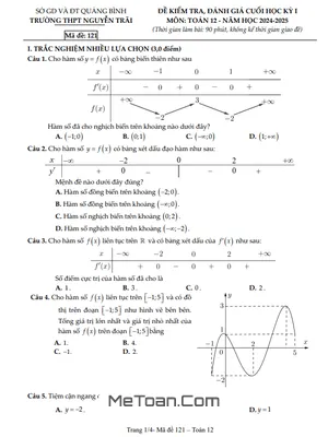 Tải Đề Thi Cuối Học Kỳ 1 Toán 12 Năm 2024 - 2025 THPT Nguyễn Trãi - Quảng Bình (Kèm Đáp Án Chi Tiết)