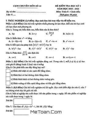 Đề thi học kỳ 1 Toán 8 năm 2025 – 2026 cụm chuyên môn số 14 – Hà Nội