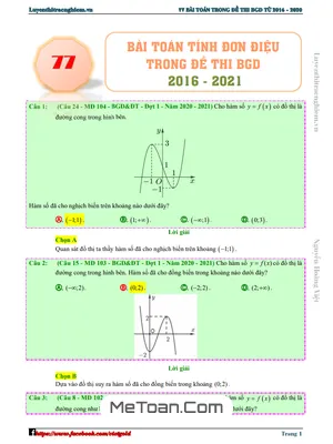 77 Bài Toán Tính Đơn Điệu Của Hàm Số Trong Đề Thi THPT Môn Toán (2016 - 2021)