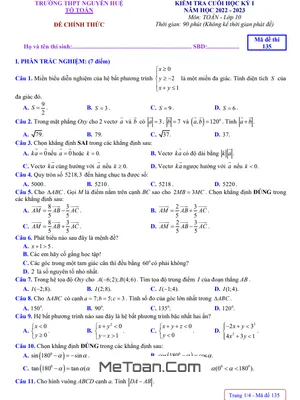 Đề cuối học kỳ 1 Toán 10 năm 2022 – 2023 trường THPT Nguyễn Huệ – TT Huế