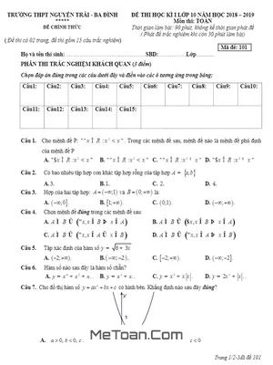 Đề thi học kỳ 1 Toán 10 năm học 2018 - 2019 trường THPT Nguyễn Trãi - Hà Nội