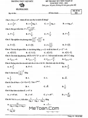 Đề thi HK1 Toán 12 năm 2020 - 2021 trường THPT Việt Đức - Hà Nội