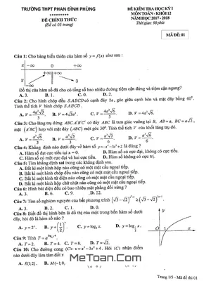 Đề thi học kỳ 1 Toán 12 năm học 2017 - 2018 trường THPT Phan Đình Phùng - Hà Nội