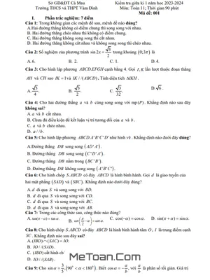 Đề giữa kì 1 Toán 11 năm 2023 – 2024 trường THCS&THPT Vàm Đình – Cà Mau