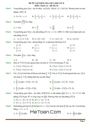 10 Đề Ôn Tập Kiểm Tra Giữa Học Kì 2 Môn Toán 12 (100% Trắc Nghiệm)