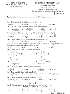 Đề KSCL Toán 12 Lần 1 Năm 2019 - 2020 Trường Lê Văn Thịnh - Bắc Ninh