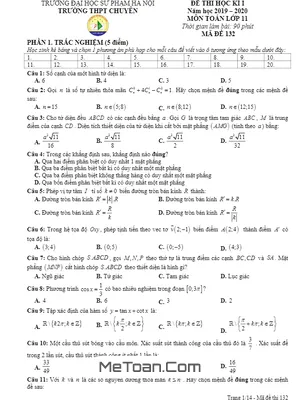 Đề thi học kì 1 Toán 11 năm 2019 – 2020 trường THPT chuyên ĐHSP Hà Nội