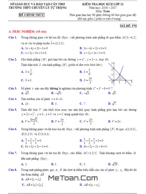 Đề thi HK2 Toán 12 năm học 2016 - 2017 trường THPT chuyên Lý Tự Trọng - Cần Thơ