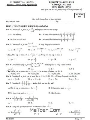 Đề giữa kỳ 2 Toán 11 năm 2022 – 2023 THPT Lương Ngọc Quyến – Thái Nguyên