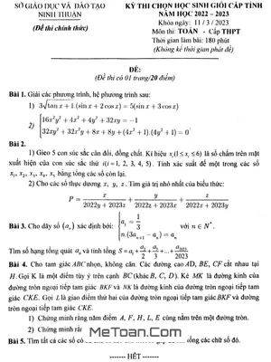 Đề thi HSG Toán THPT Cấp Tỉnh Ninh Thuận Năm Học 2022 - 2023