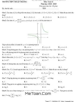 Đề thi HSG Toán 12 cấp trường năm 2018 - 2019 trường Thuận Thành 2 - Bắc Ninh