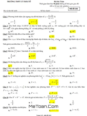 Đề thi thử tốt nghiệp THPT 2021 lần 1 môn Toán trường Lý Thái Tổ - Bắc Ninh
