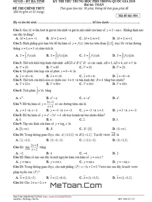 Đề thi thử THPT Quốc gia 2018 môn Toán sở GD&ĐT Hà Tĩnh - Mã đề 004