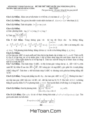 Đề thi thử THPT Quốc gia 2016 môn Toán trường chuyên Hùng Vương - Gia Lai lần 1