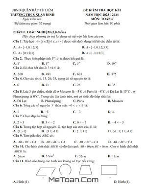 Đề học kì 1 Toán lớp 6 năm 2023 - 2024 trường THCS Xuân Đỉnh - Hà Nội (có đáp án)