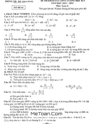 Đề thi học kì 1 Toán 8 năm 2022 - 2023 phòng GD&ĐT Thạch Hà - Hà Tĩnh